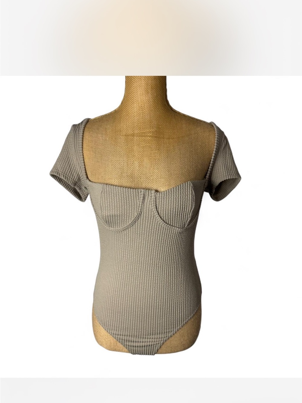 Fashion Nova Ribbed Square-Neck Short Sleeve Bodysuit in Taupe